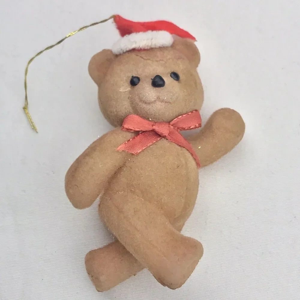 Flocked Teddy Bear Ornament Vintage Christmas Santa Hat Bow Tie MCM